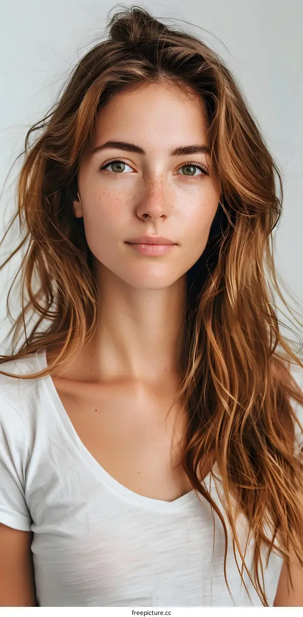 Young Woman with Freckles in White T-shirt