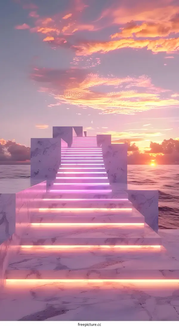 Pink Neon Light Stairs Leading to the Sea at Sunset