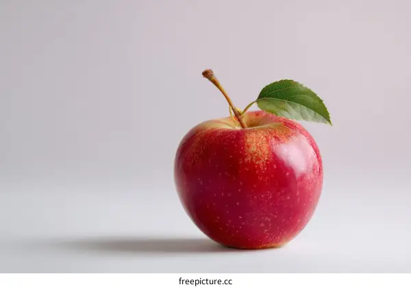 Close-up of a Red Apple with Leaf