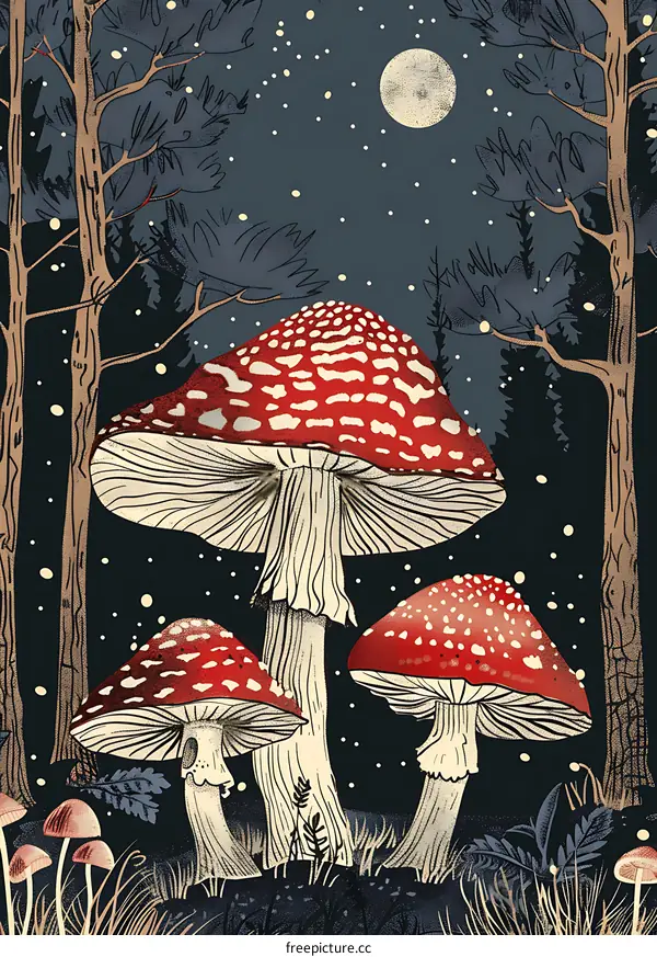 Red and White Mushrooms in Forest at Night