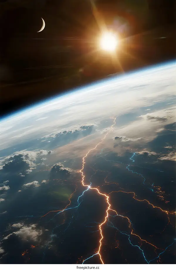 Sunlight and Moonlight Shining Over Earth with Lightning