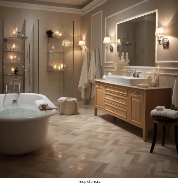 Luxurious Bathroom Interior with Bathtub, Sink and Mirror