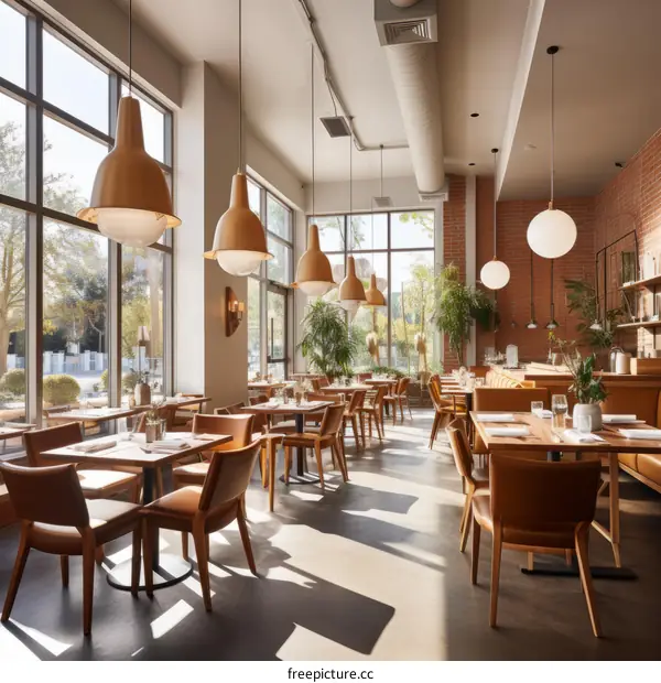 Modern restaurant interior with large windows and wooden furniture