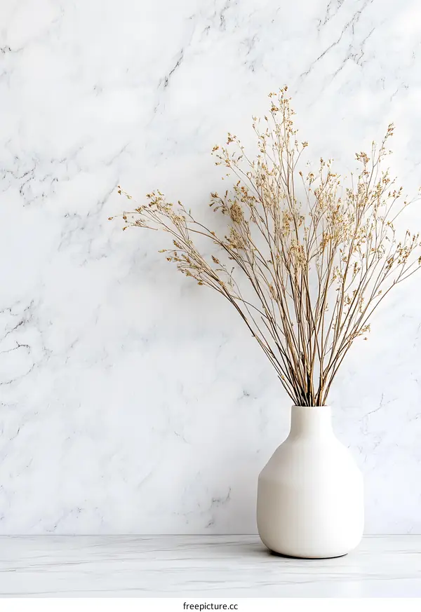 Dried Flower Arrangement in White Vase on Marble Background