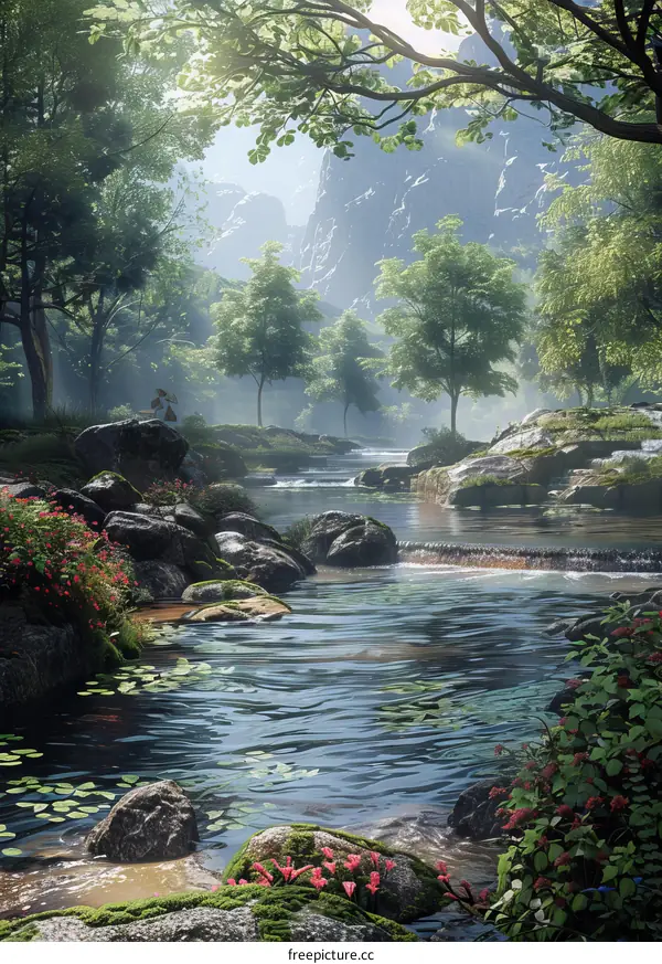 Sunlight filters through the forest, illuminating the winding river in the valley below