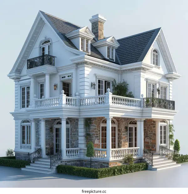 Classic White Mansion with Stone Facade
