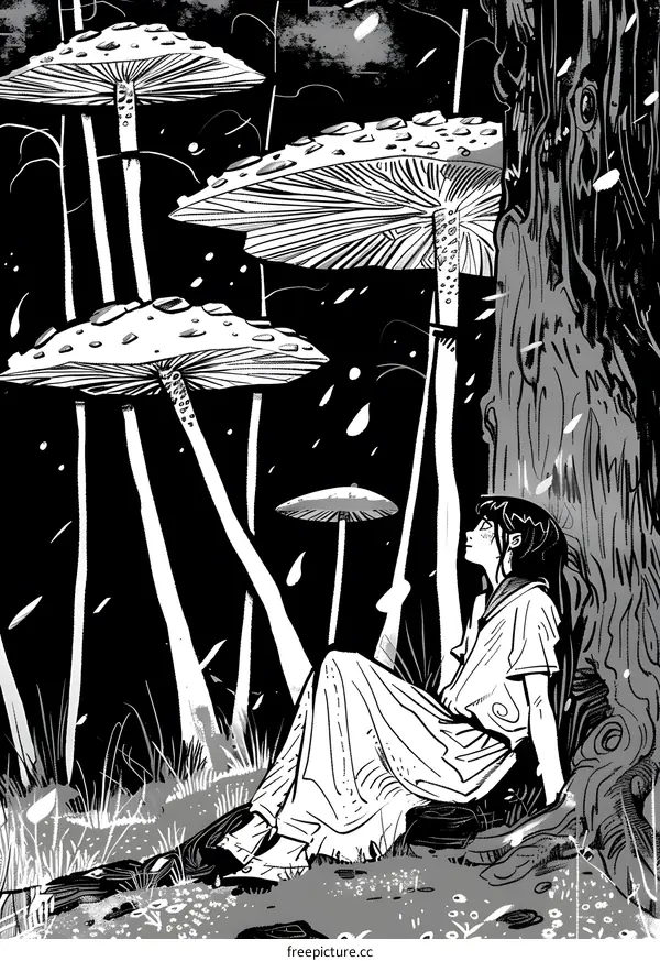 Fantasy Illustration Of A Woman Sitting Underneath Giant Mushrooms
