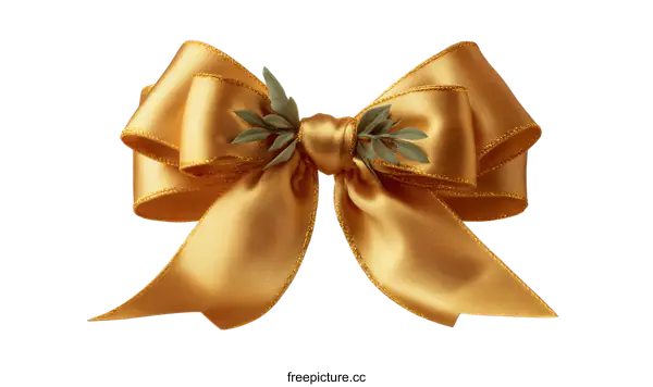 [Transparent Background PNG]Golden Satin Ribbon Bow with Greenery Decoration
