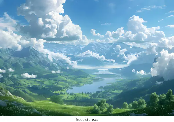 Fantasy epic mountain valley lake