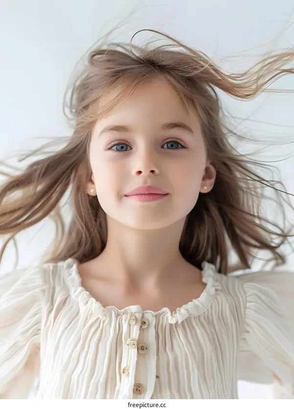 Portrait of a cute little girl with long blond hair and blue eyes