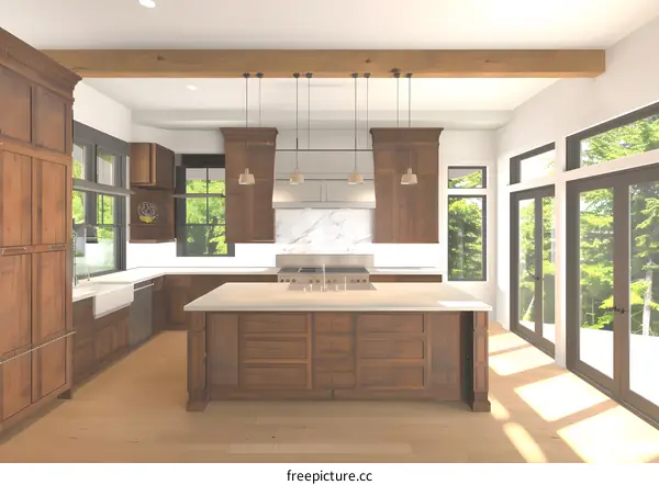 Modern Kitchen Interior Design with Wood Cabinets and Island