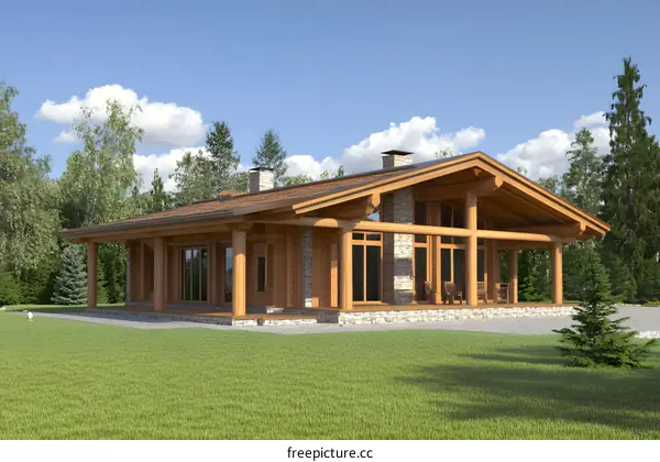 Modern Log Cabin Home Design with Stone Accent Walls
