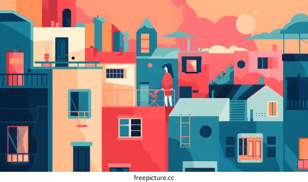 Woman Standing on a Rooftop in a Colorful Cityscape