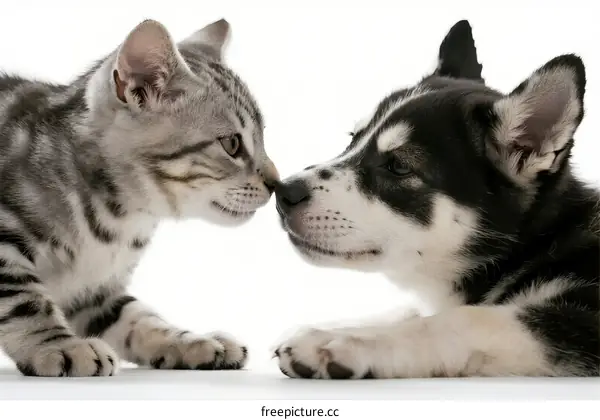 A close-up of a cat and a dog showing friendly interaction