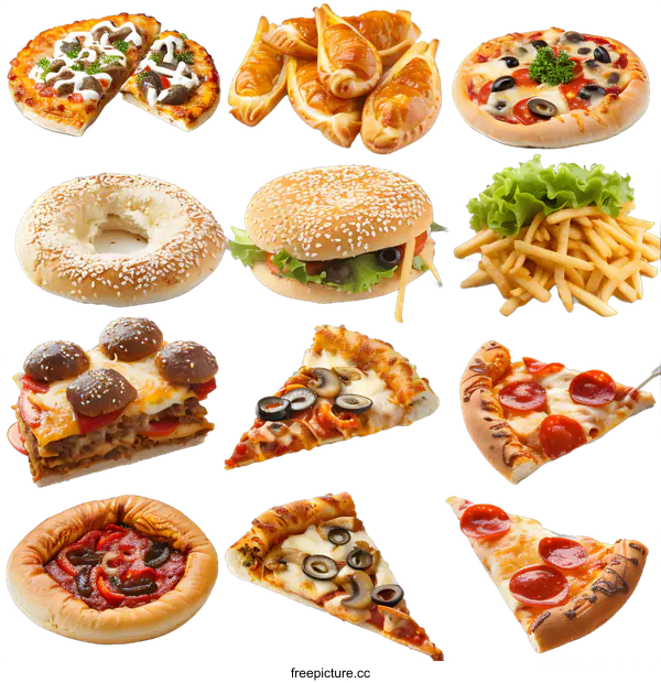 [Transparent Background PNG]Assortment of Delicious Fast Food Pizza Burger and French Fries