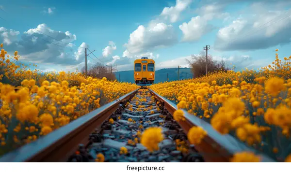 Yellow Train Zooming through Vibrant Field of Flowers
