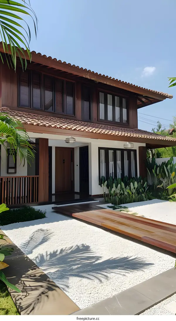 Modern Minimalist Home with Wooden Deck and White Gravel Garden