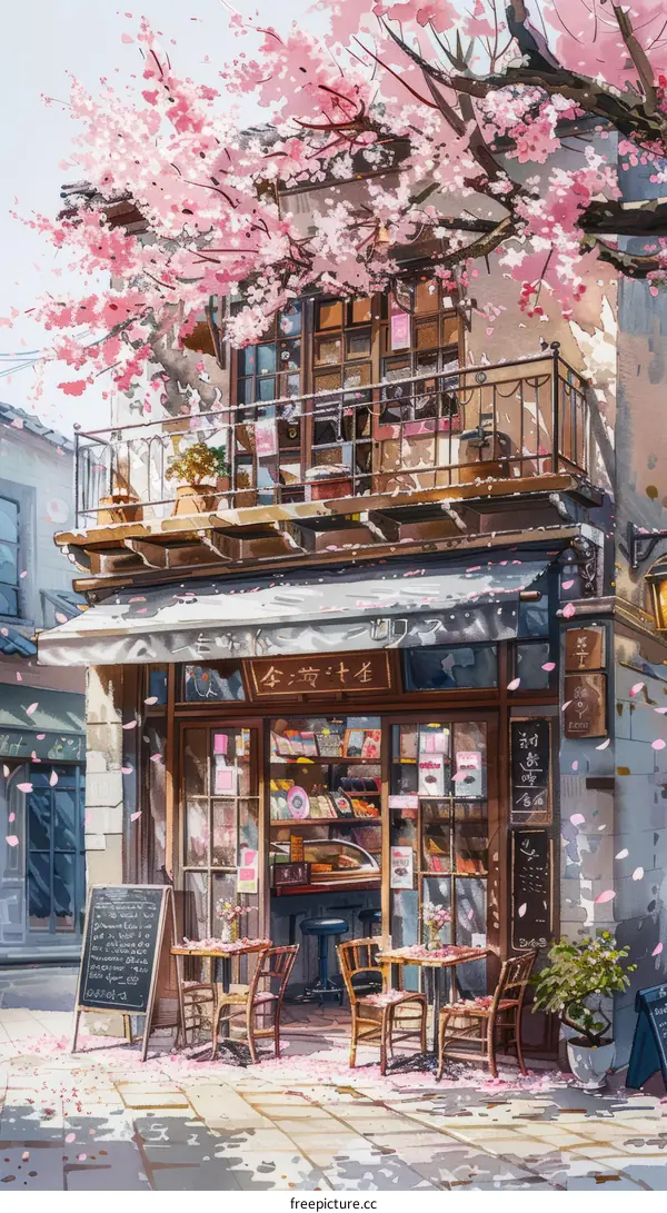 A beautiful watercolor painting of a street in Japan with a cherry blossom tree in full bloom