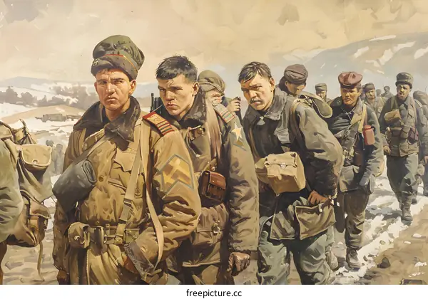 A group of soldiers in winter clothing march through a snowy landscape.