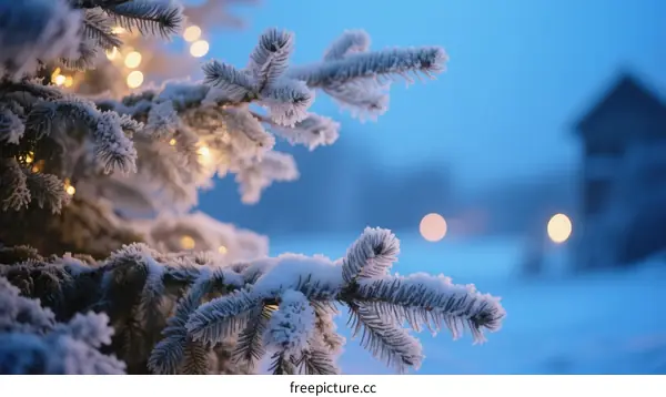 Frosty Pine Branches Adorned with Festive Lights in Winter Night