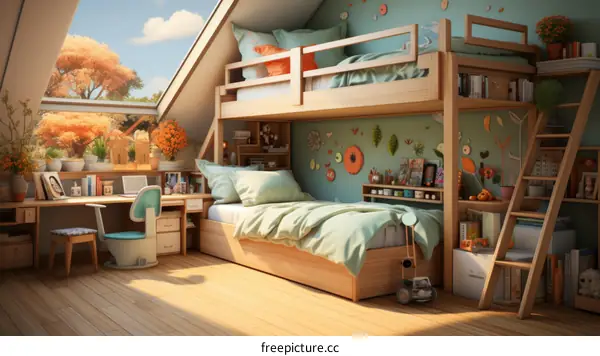 Bright and Cozy Attic Bedroom with Bunk Bed and Large Window