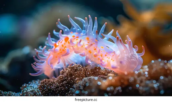 Underwater world, a beautiful anemone with white and orange tentacles