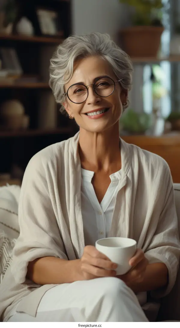 Elderly Woman Relaxing with Tea
