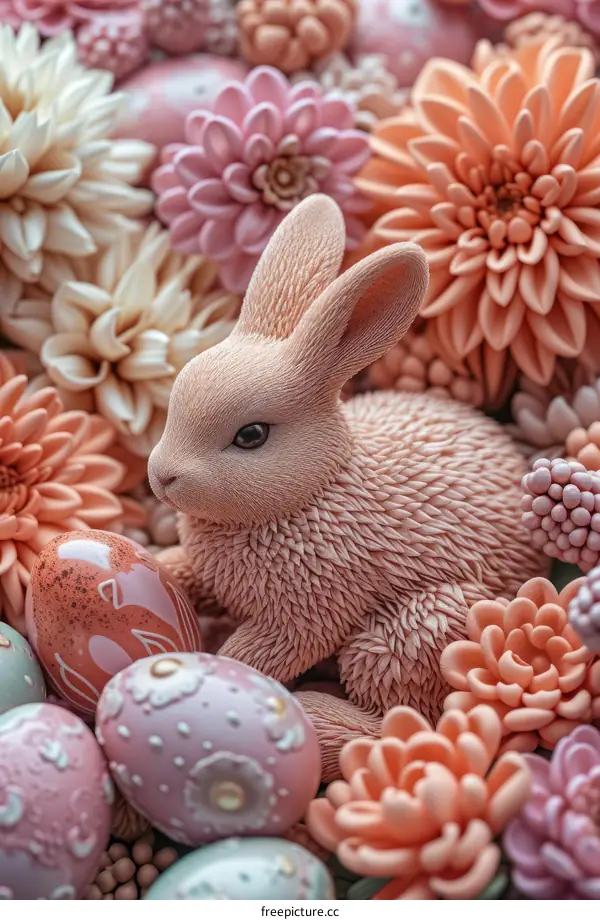 Pink Rabbit Surrounded by Flowers and Easter Eggs