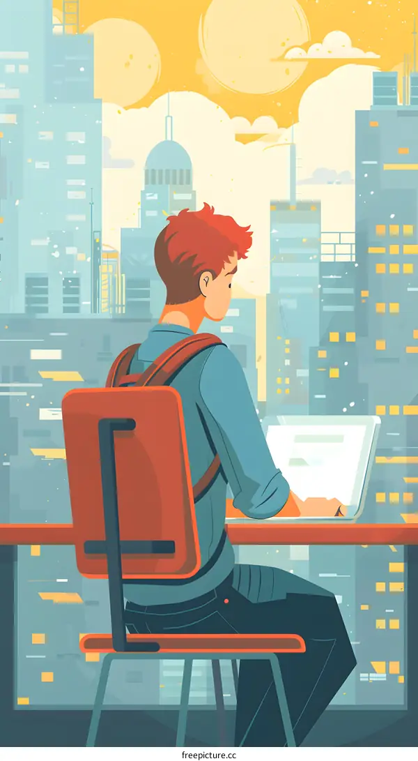 Man with Red Hair Sitting in Chair Working on Laptop in Front of City Skyline