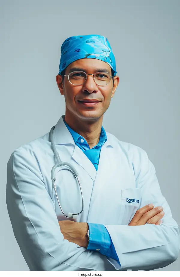 Portrait of a smiling male doctor wearing a white coat and stethoscope around his neck