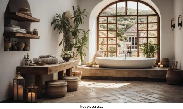 Bathroom with a large window and freestanding bathtub