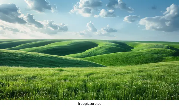 Green rolling hills under a blue sky with white clouds
