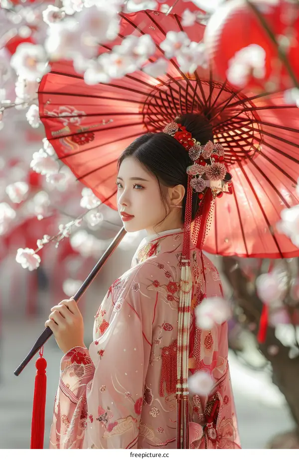 A woman in a traditional Chinese dress holding a red umbrella