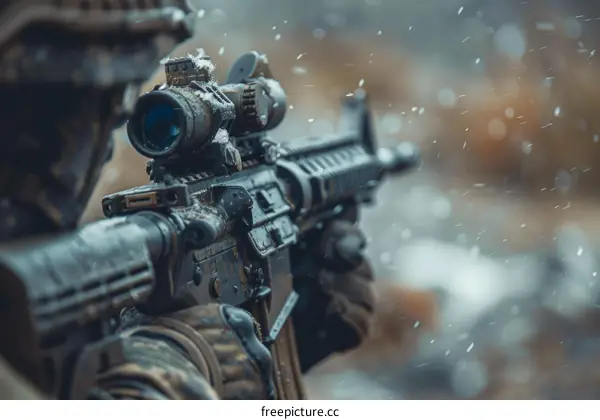 A soldier wearing a military uniform and holding a gun in the snow