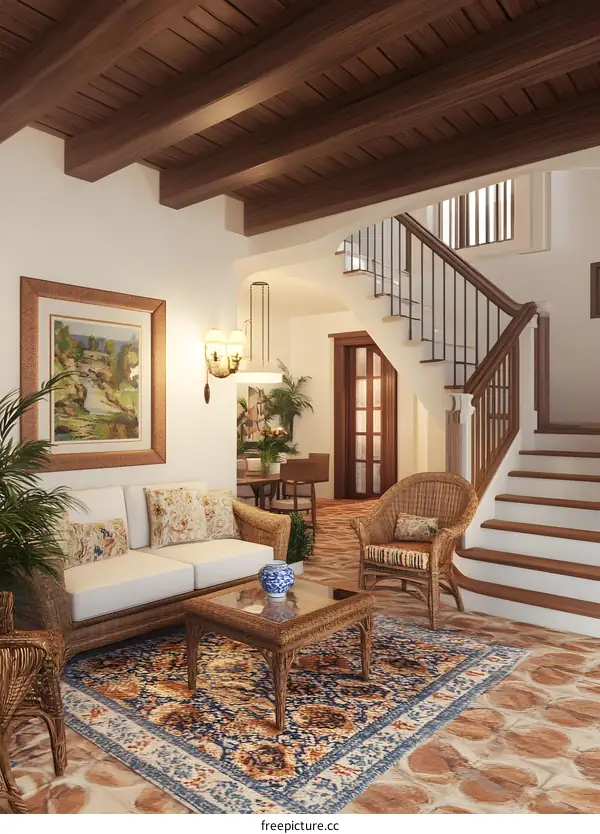 Living Room Interior Design with Wooden Beams and Wicker Furniture