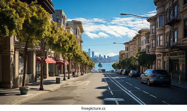 City street with cars parked on either side and a clear view of the Golden Gate Bridge in the distance