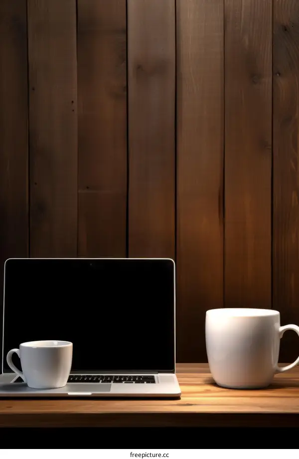 Laptop and coffee cups on a wooden table