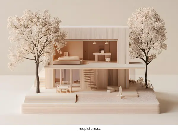 Minimalist Wooden House Model with Trees