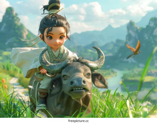 Young Boy Riding a Buffalo in the Field