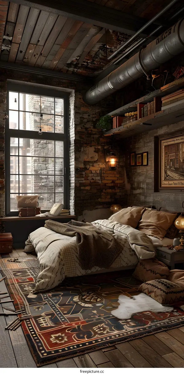 A steampunk style loft bedroom