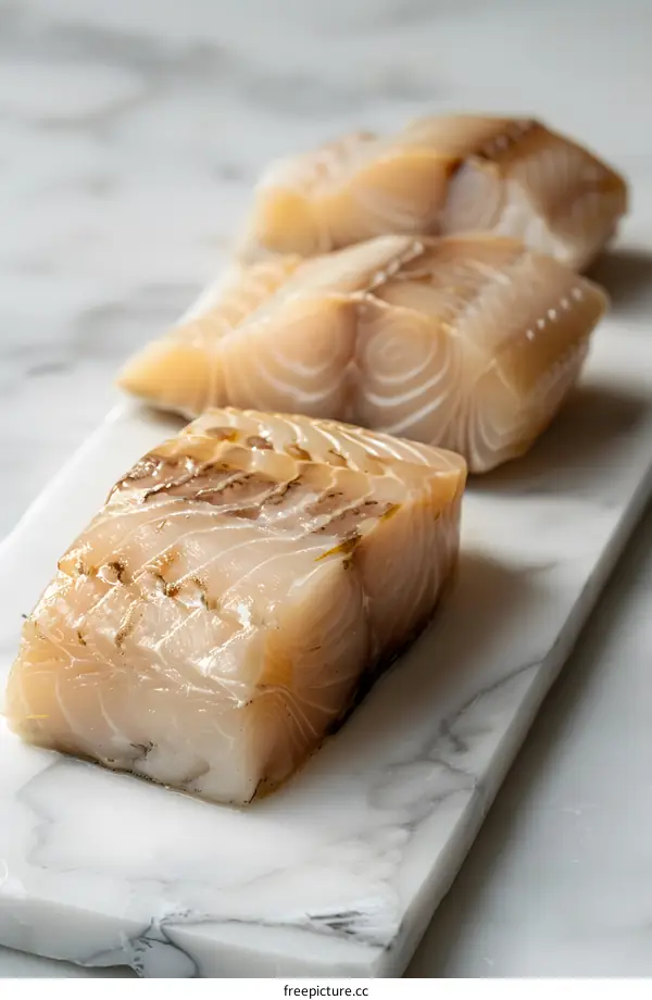 Three pieces of raw white fish fillet on a marble slab
