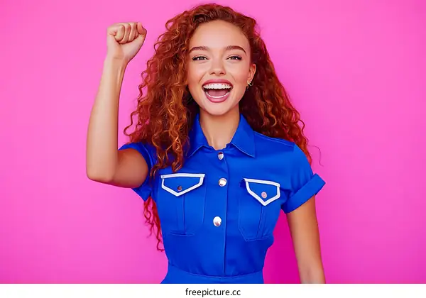 Joyful Woman in Vibrant Blue Outfit Against Pink Background