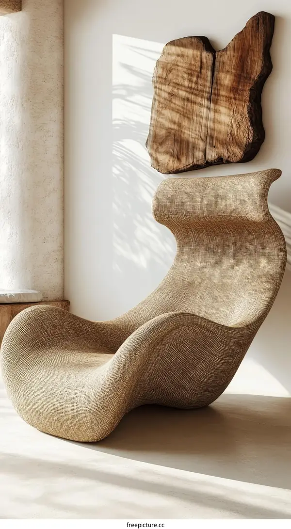 Modern Beige Lounge Chair with Wooden Wall Art