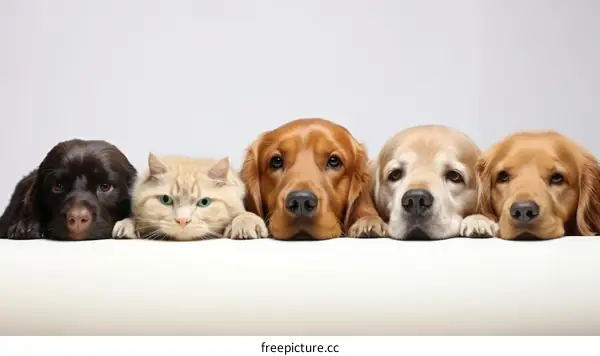 A Cat and Four Dogs Peeking Over a Wall