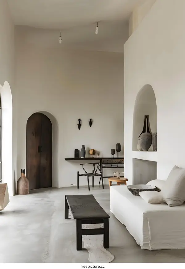 Minimalist Living Room Interior Design with Arched Doorway and White Walls