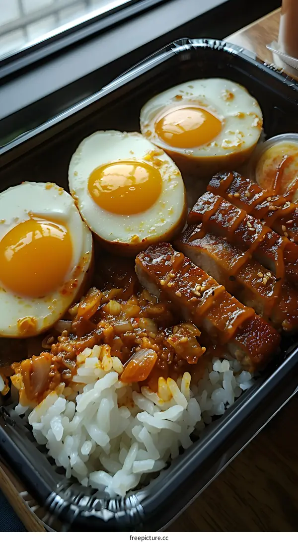 Close Up of a Delicious Meal with Rice, Eggs and Meat