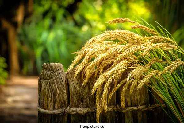Golden Wheat Stalks Leaning Against Wooden Fence