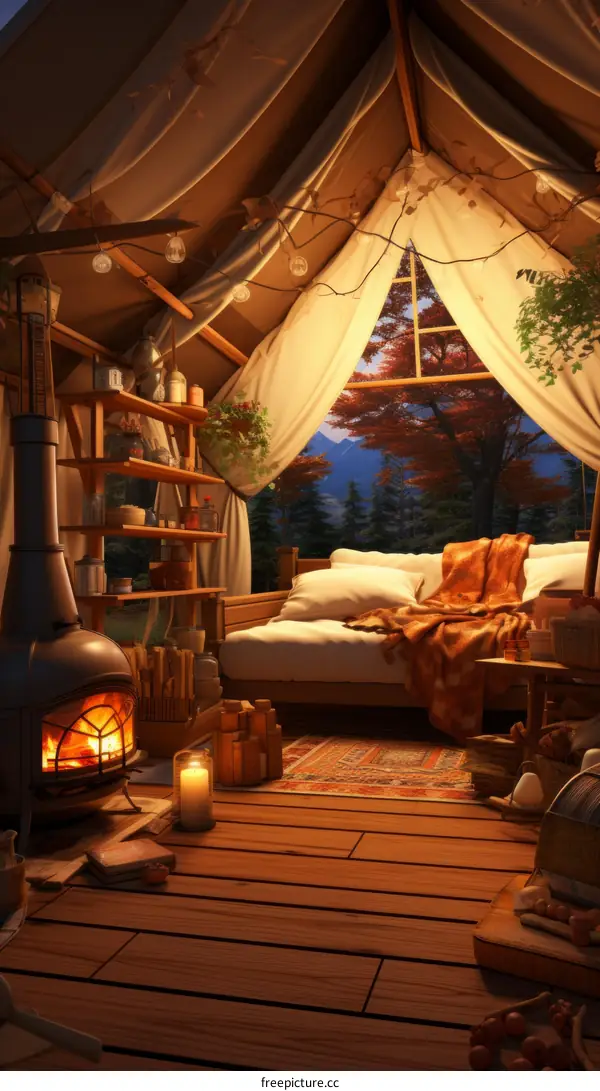 Cozy Cabin with Wood Burning Stove in Autumn Woods