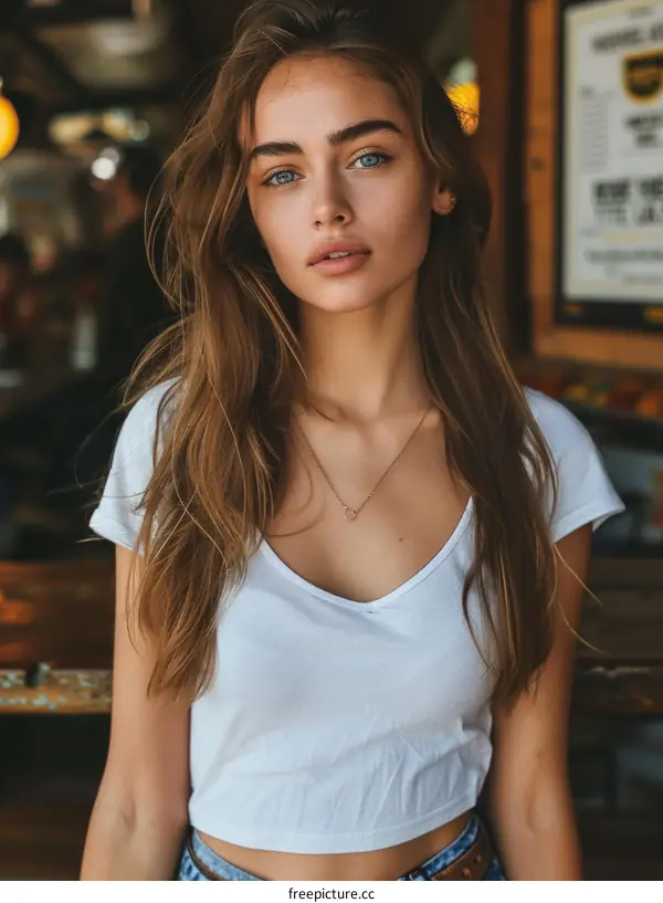 Portrait of a beautiful young woman with long brown hair and blue eyes wearing a white shirt