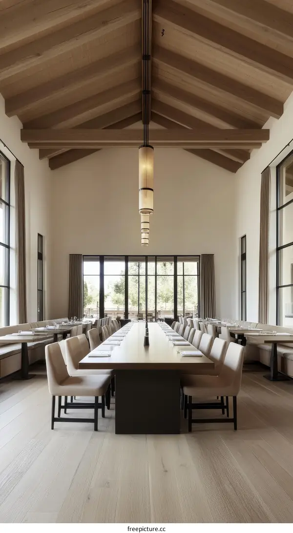 Modern Dining Hall with High Ceiling and Large Table